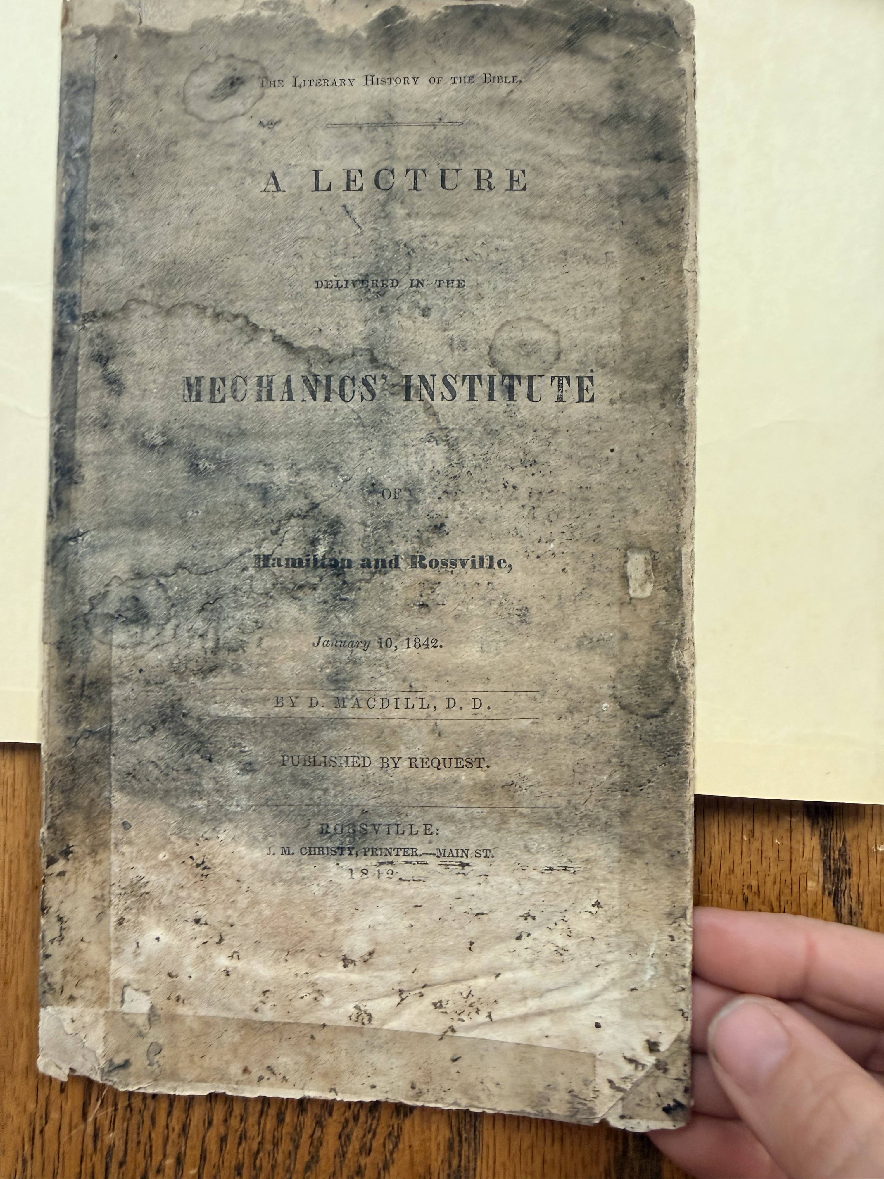 Title page of David McDill's 1842 Literary History of the Bible lecture