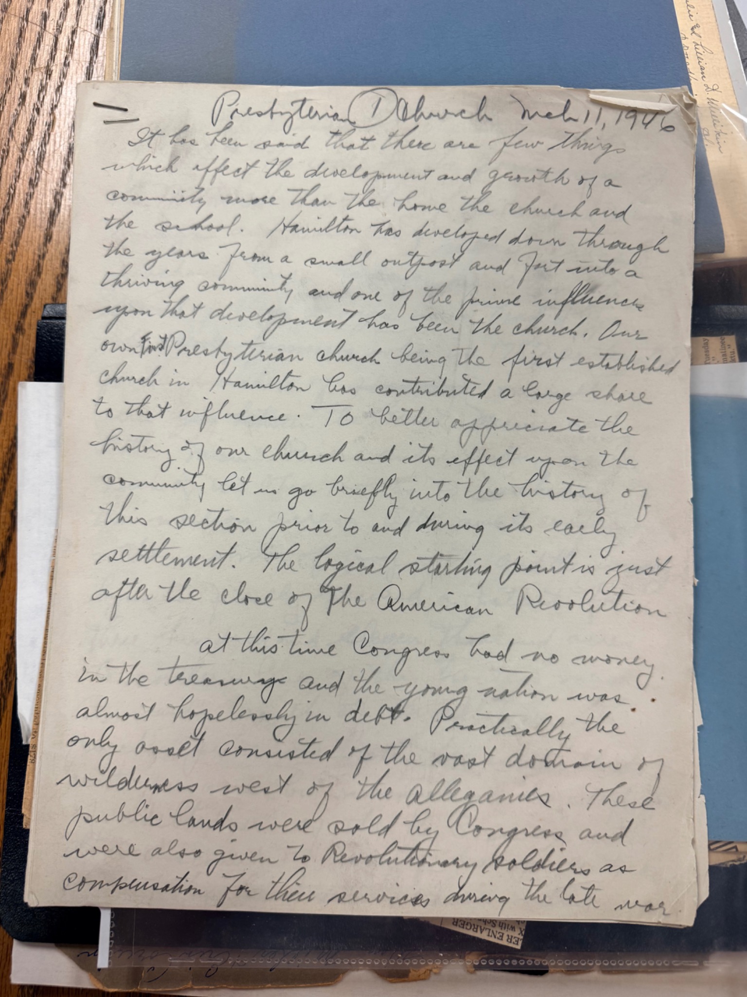First page of a handwritten Presbyterian Church history dated November 11 1946