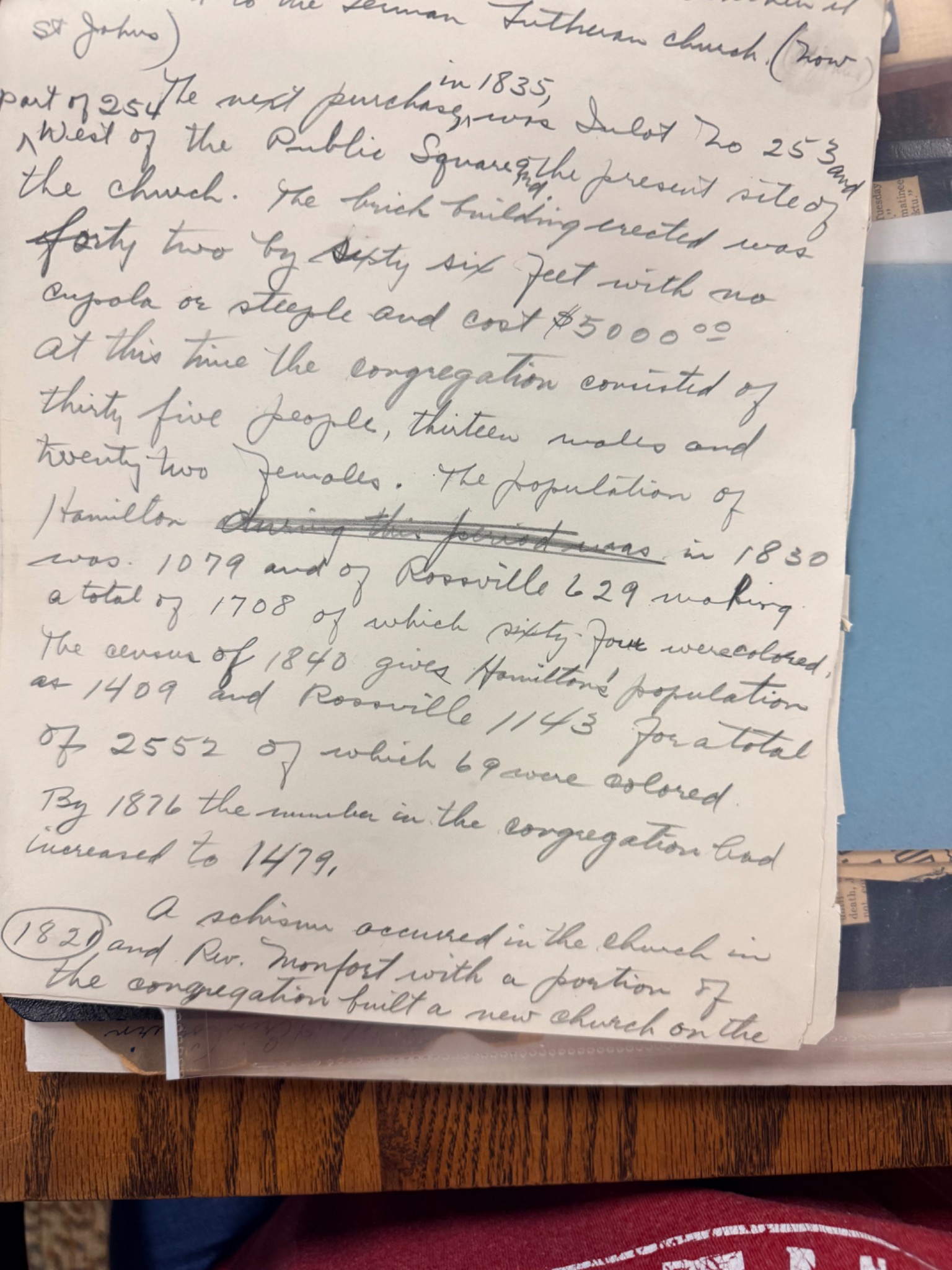 Page of handwritten Presbyterian church history dated 1946
