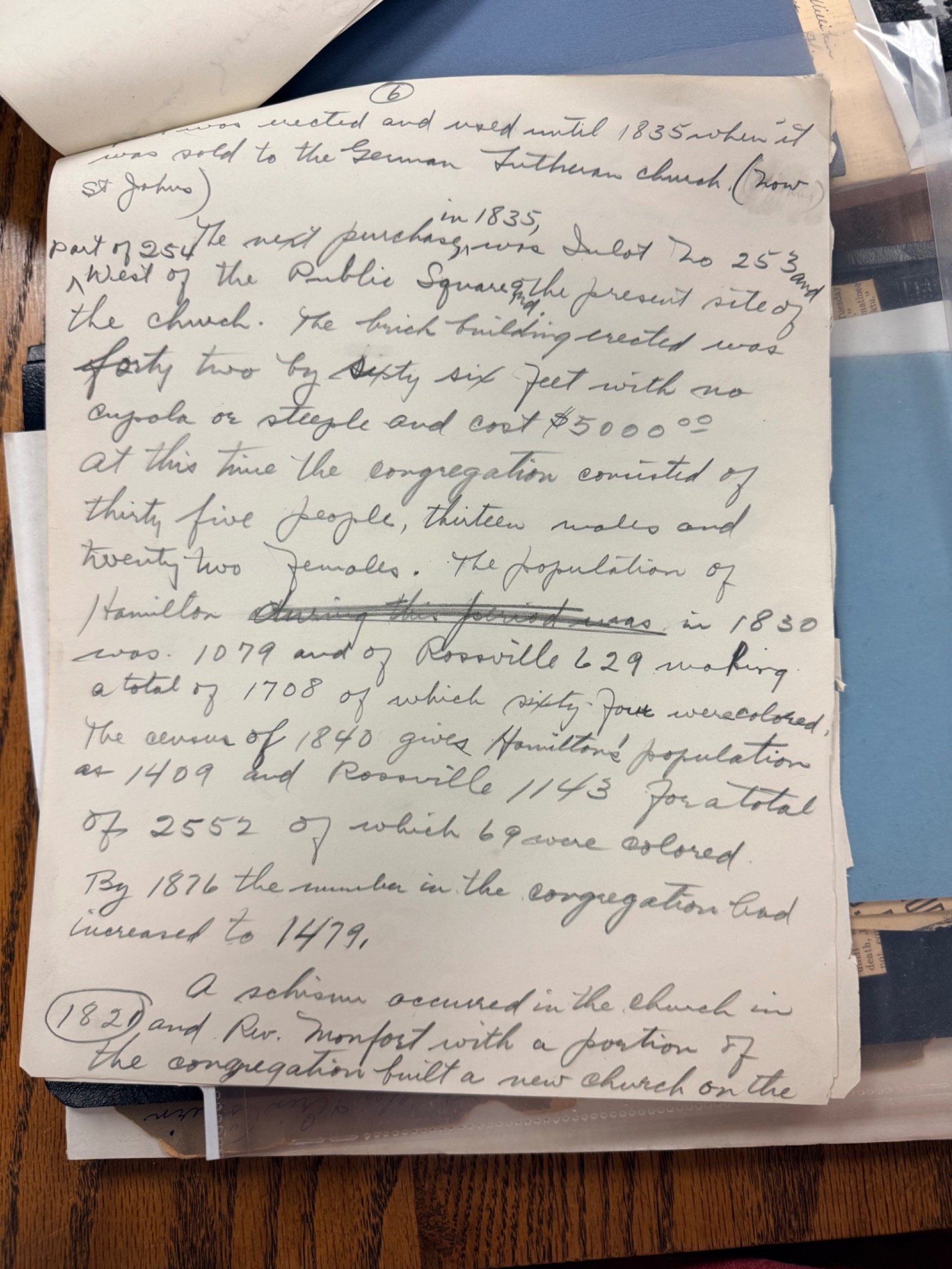 Page of handwritten Presbyterian church history dated 1946