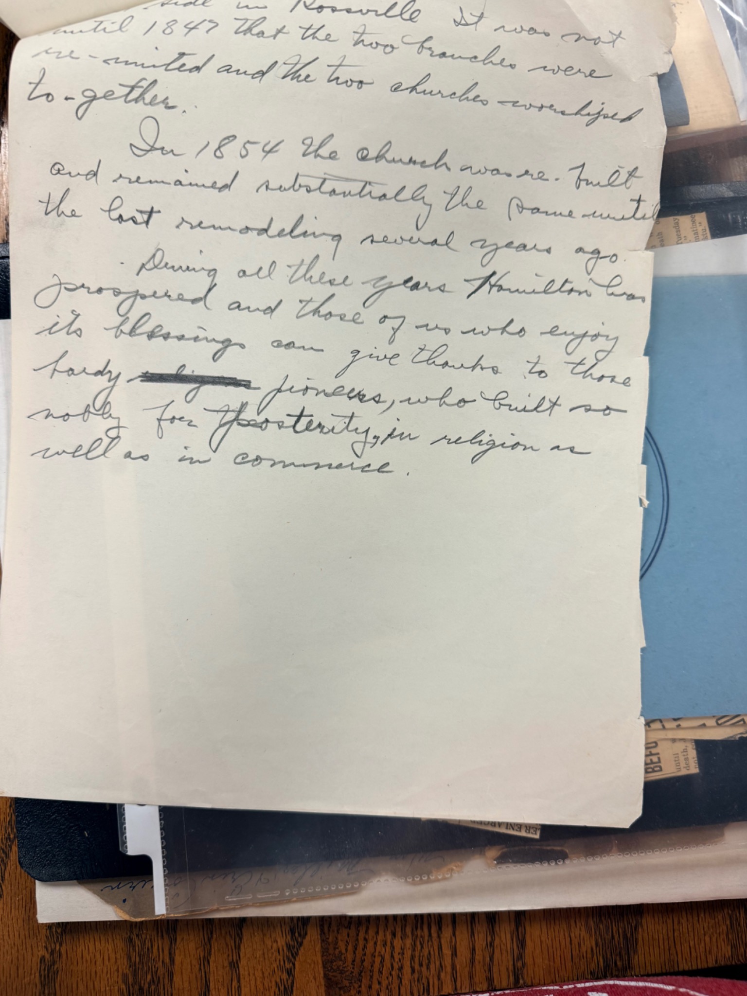 Page of handwritten Presbyterian church history dated 1946
