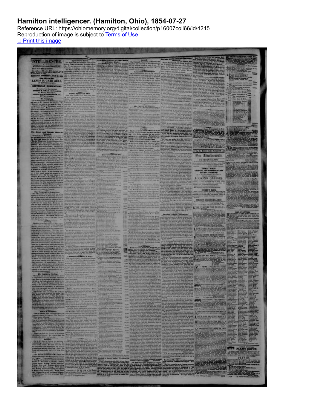 Full newspaper page for the separate July 27 1854 Ohio Memory record