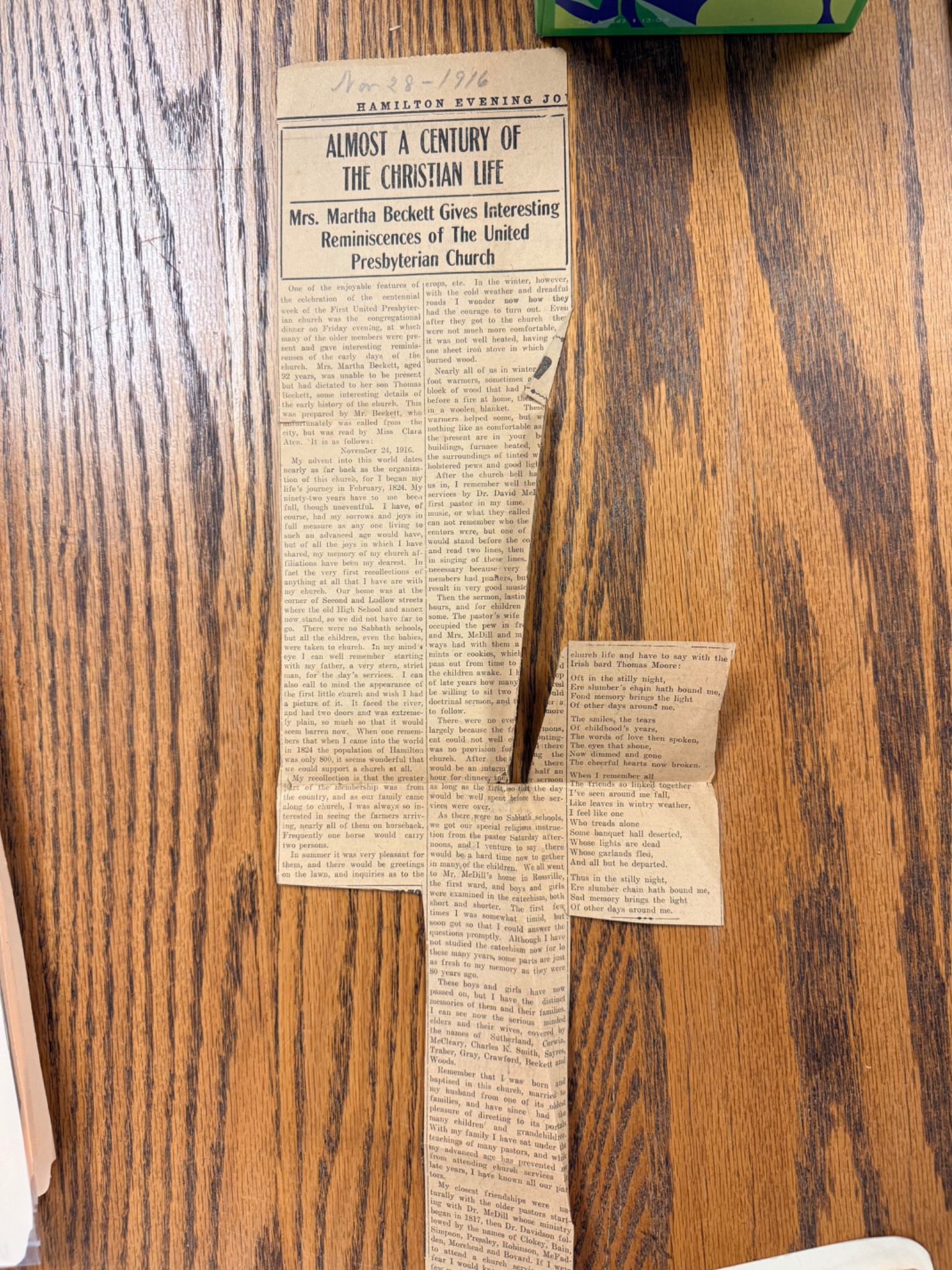 1916 Martha Beckett reminiscence newspaper clipping