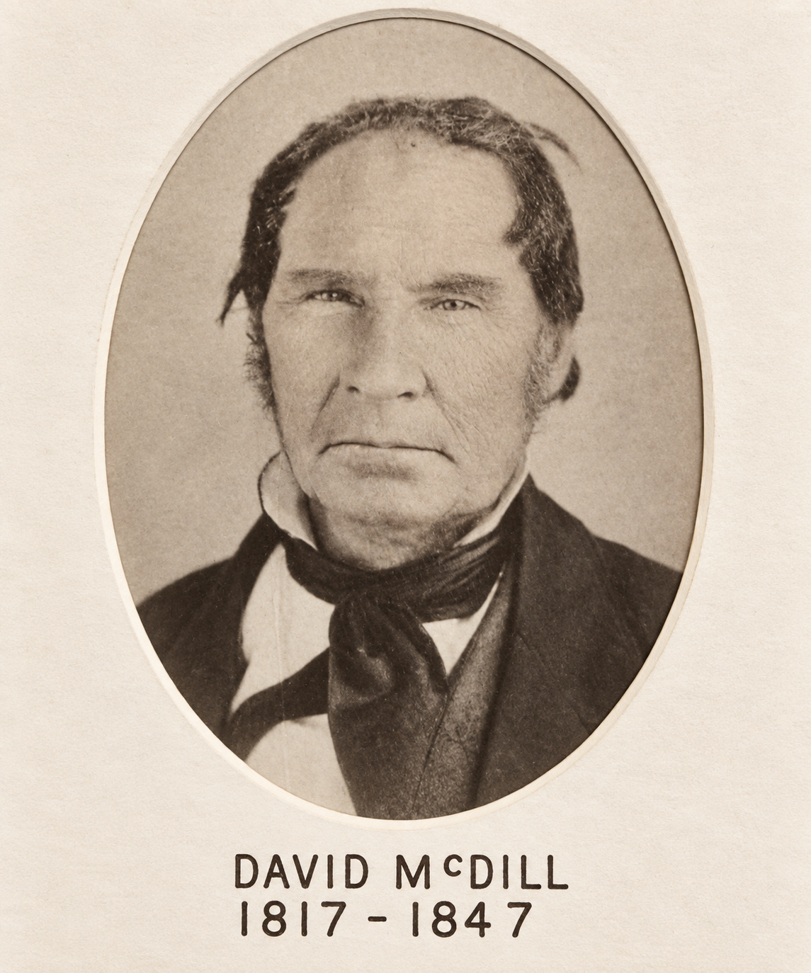 Historic portrait of David McDill from church wall display