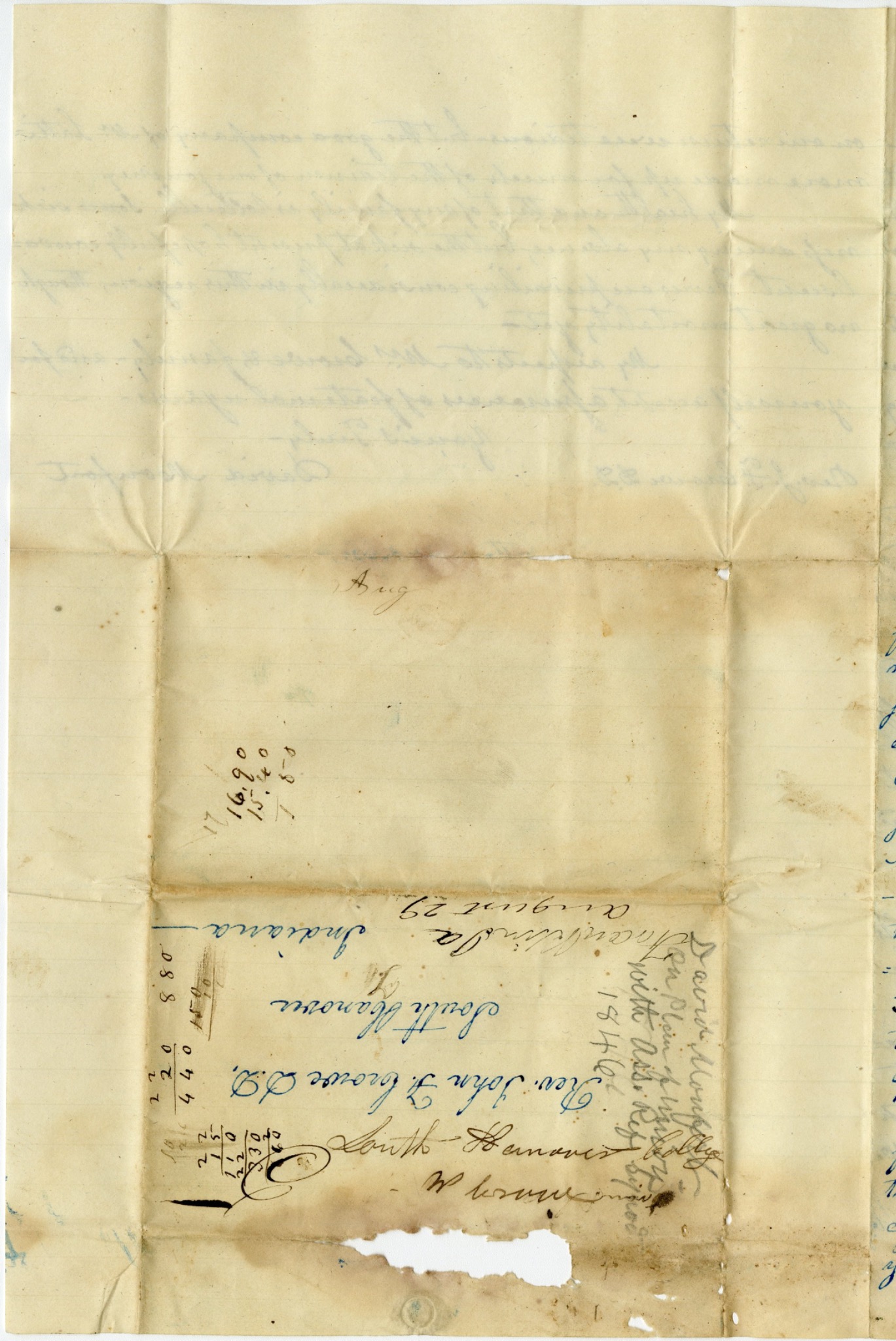 Address side of David Monfort's 1846 letter to John Finley Crowe