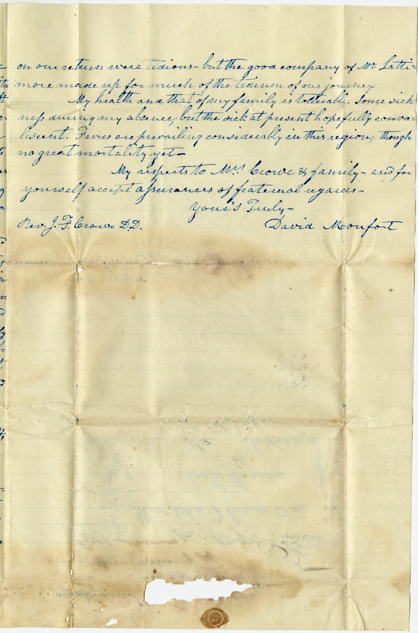 Signed page from an 1846 letter by Rev. David Monfort to Rev. John Finley Crowe
