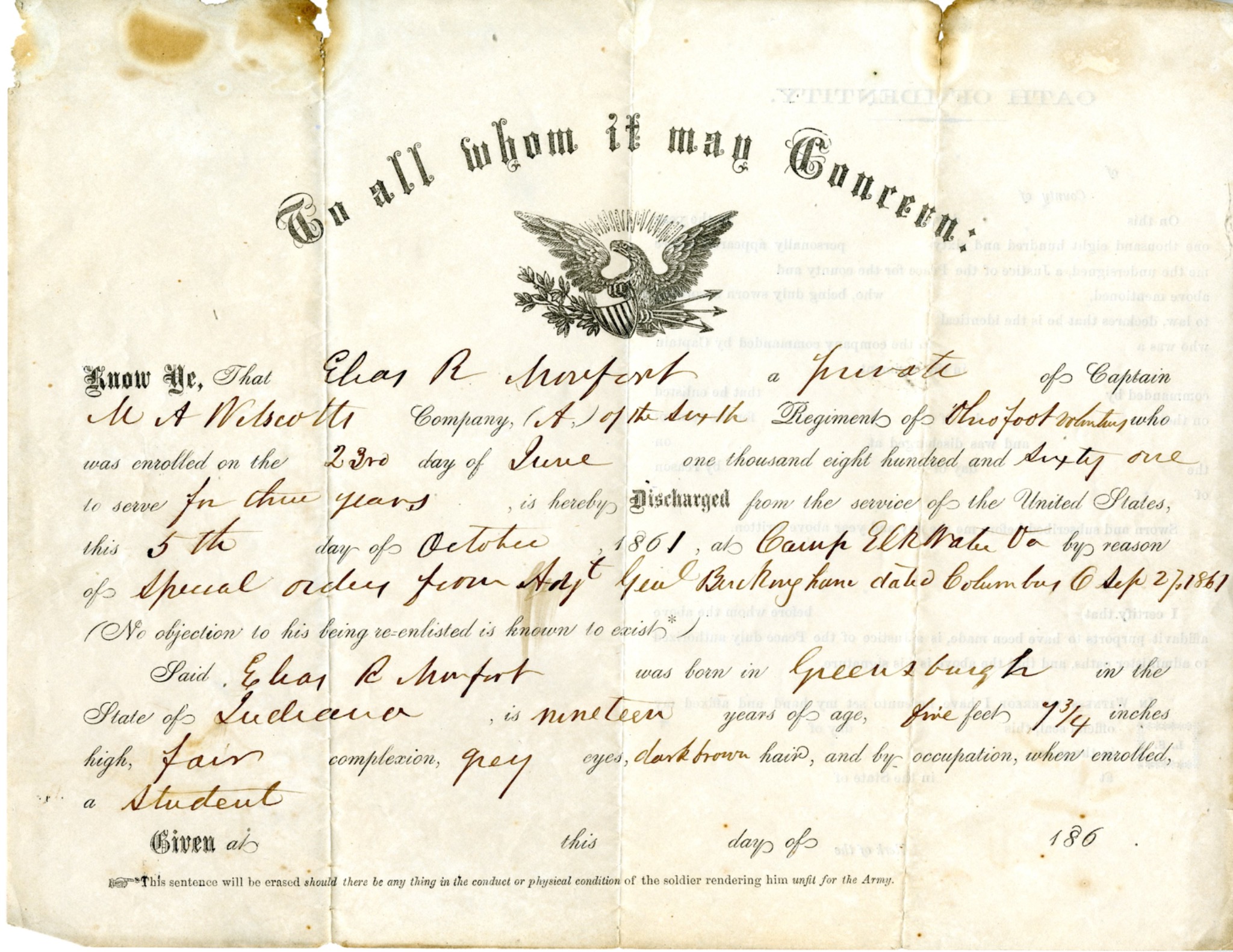 Military discharge of Elias Riggs Monfort dated October 5 1861