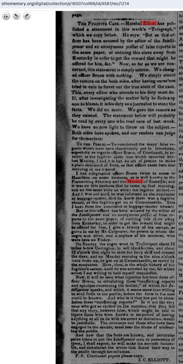 Hamilton Intelligencer August 3 1854 article reprinting John C. Elliott's statement