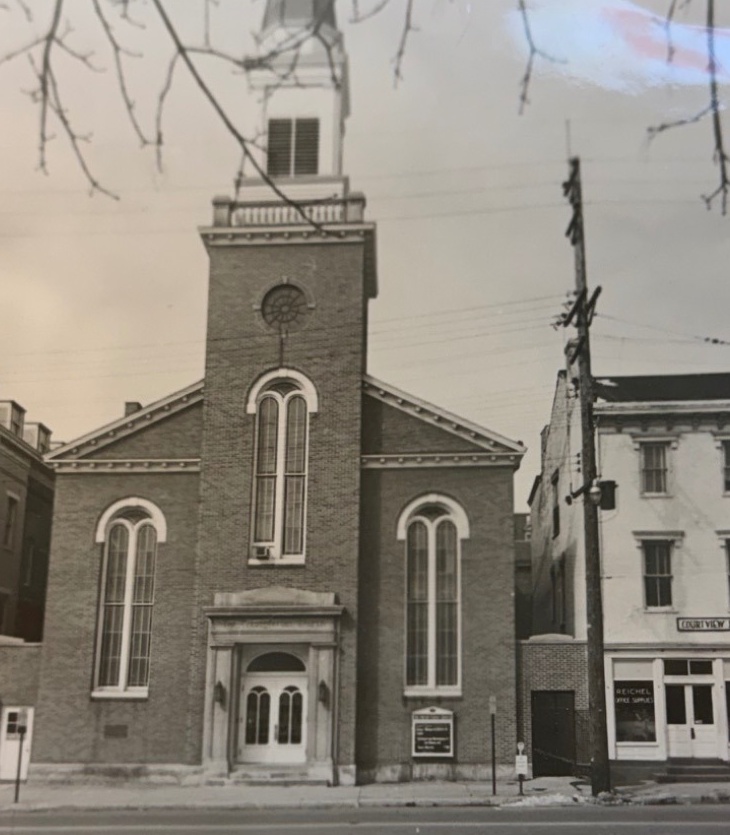 Tightly cropped historic photograph of First Presbyterian Church on Front Street from a mid-twentieth-century church campaign photograph