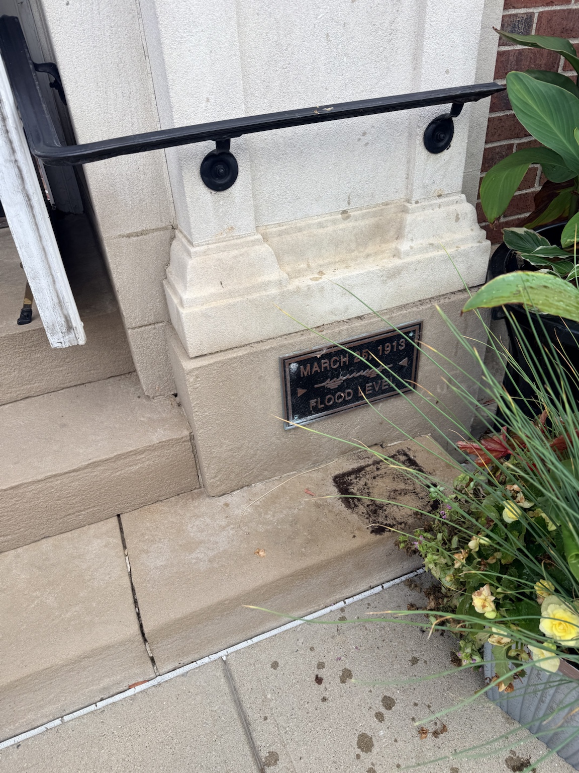 March 1913 flood level marker preserved at First Presbyterian Church