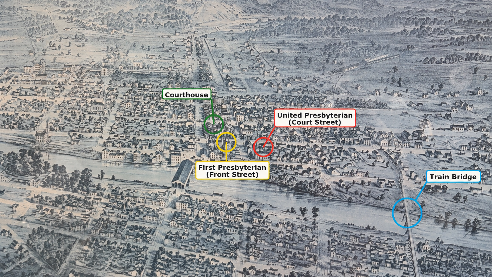 Annotated 1860 Hamilton evidence map showing the courthouse, First Presbyterian, United Presbyterian on Court Street, and the train bridge