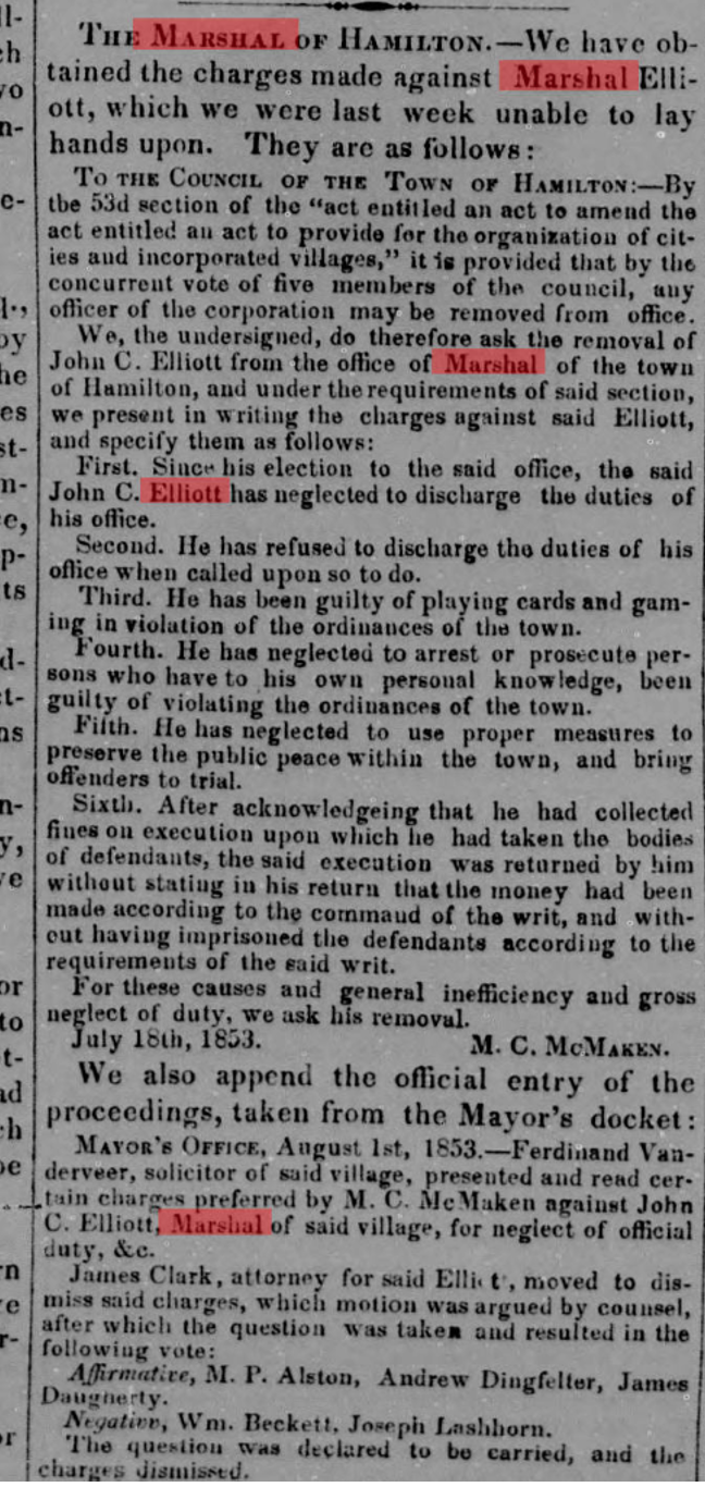 The Marshal of Hamilton article from the Hamilton Intelligencer August 11 1853