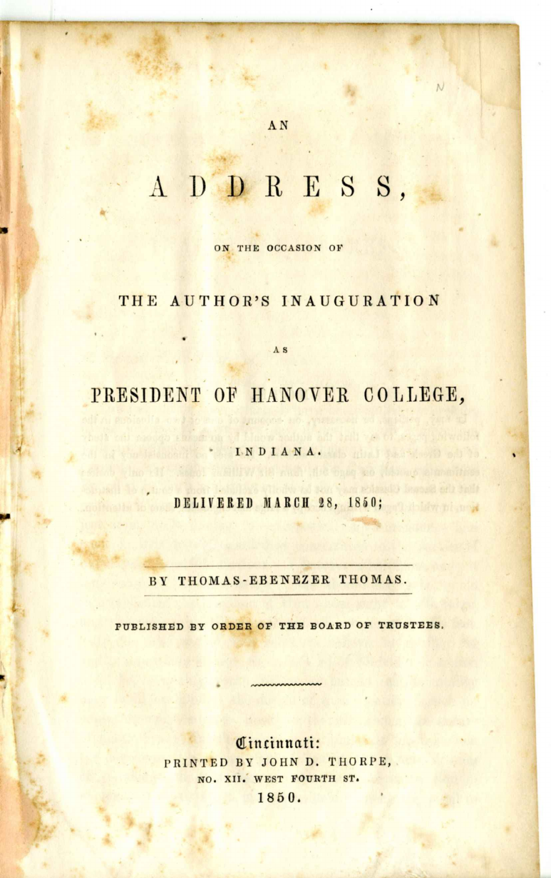 Title page of Thomas E. Thomas's 1850 Hanover College inaugural address